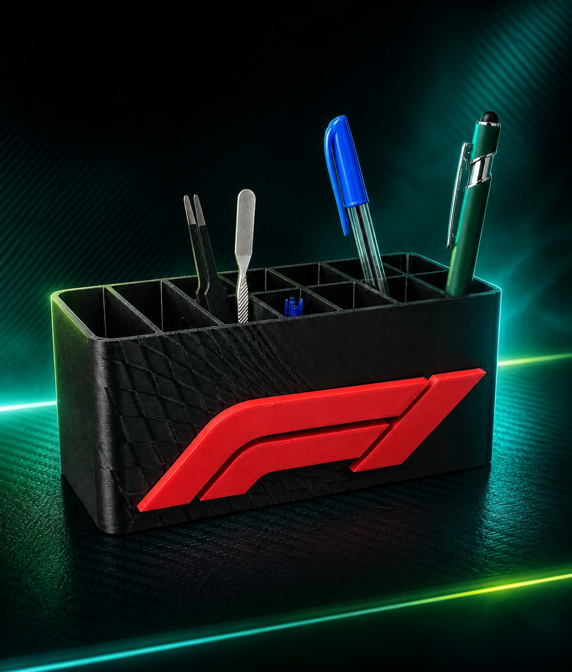 Formula inspired desk organiser in GreenFox studio lighting