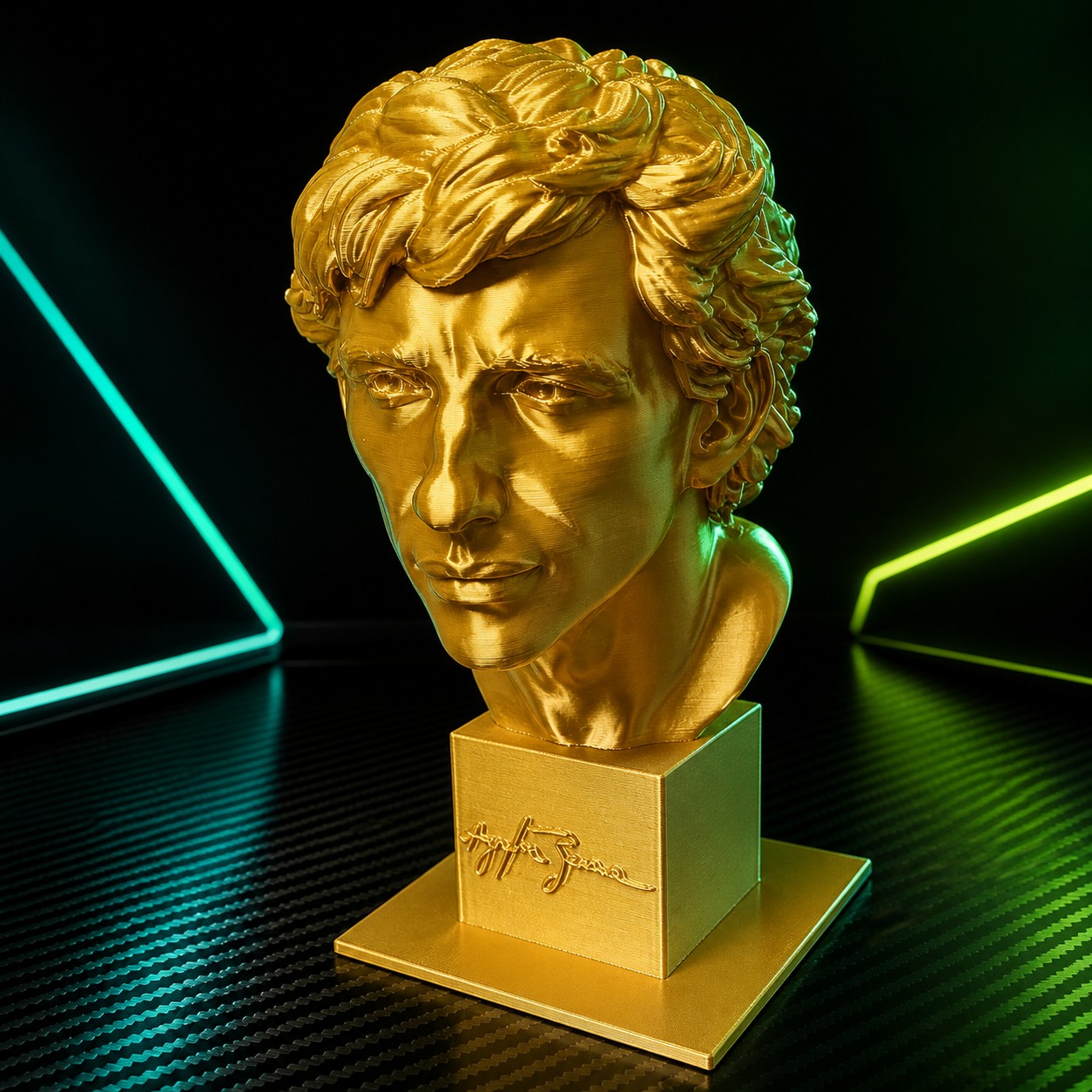 Gold 3D-printed Ayrton Senna bust