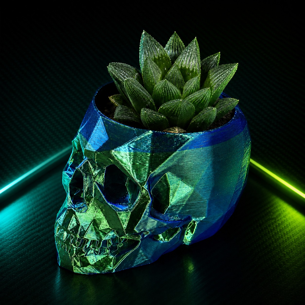 Iridescent skull planter in GreenFox studio lighting