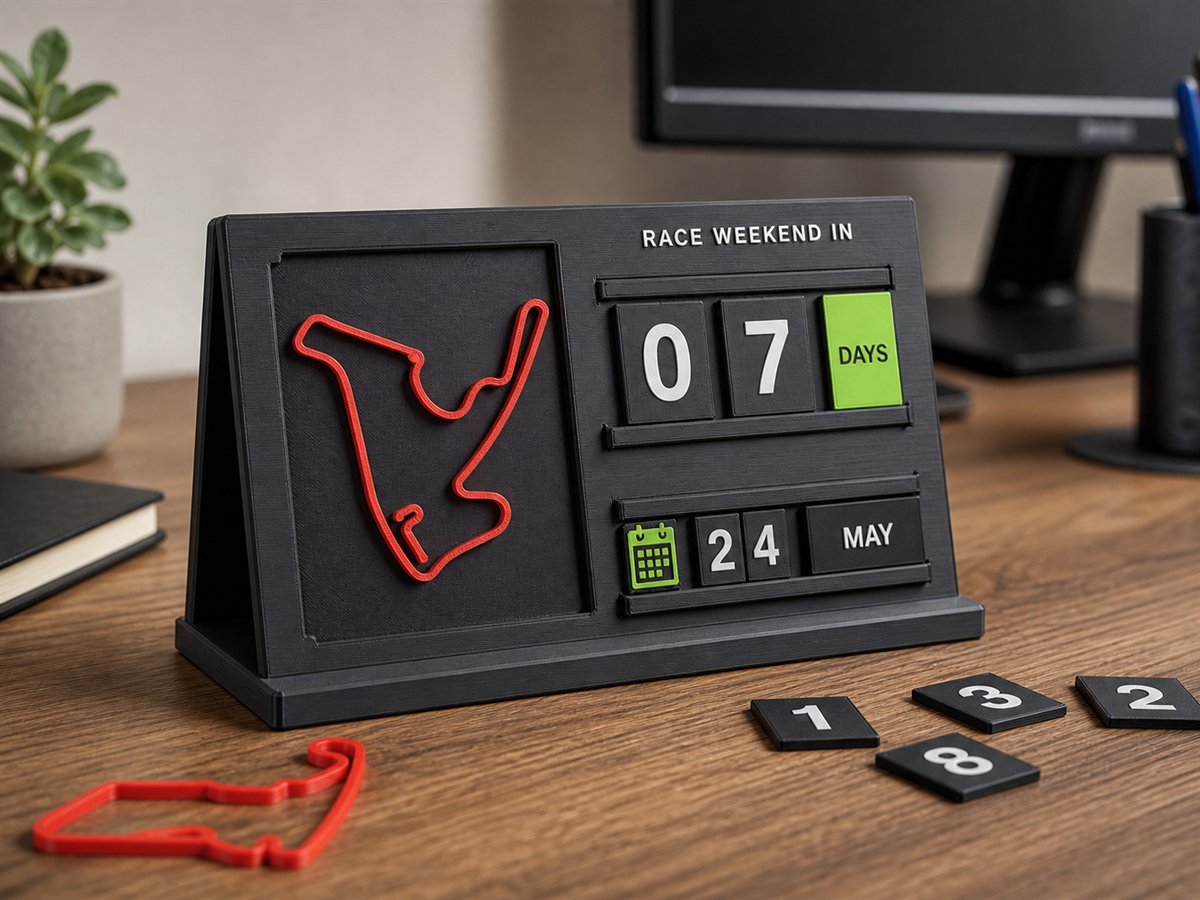 3D-printed race weekend board with interchangeable track, date and countdown tiles