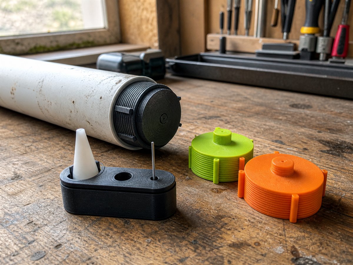 3D-printed reusable sealant cartridge caps, nozzle and cleaning pin on a workshop bench