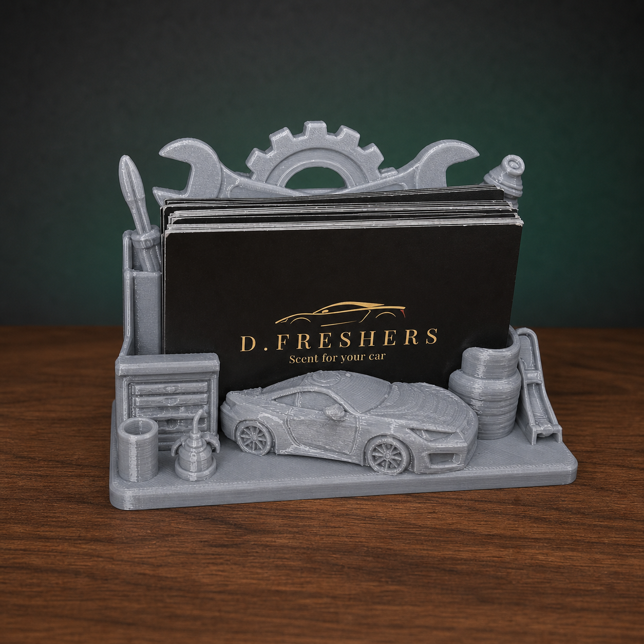 Mechanic Business Card Holder Garage Workshop Automotive Desk Stand Gift Grey