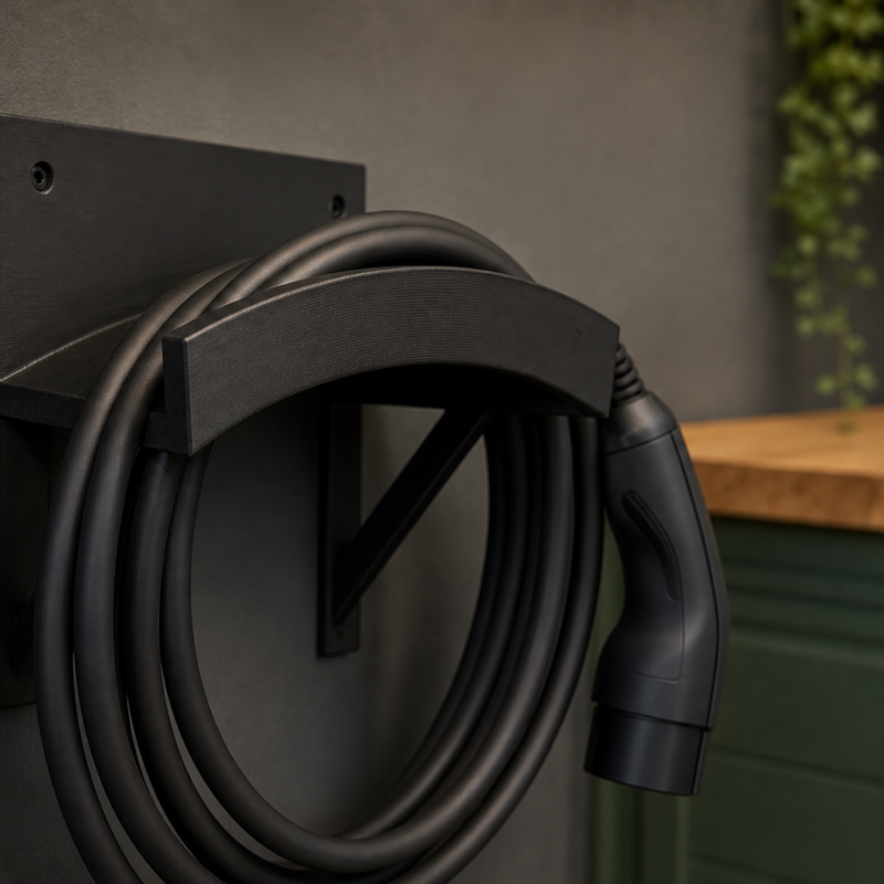 Heavy-Duty Wall-Mounted EV Charging Cable Holder for Garages and Carports, Black