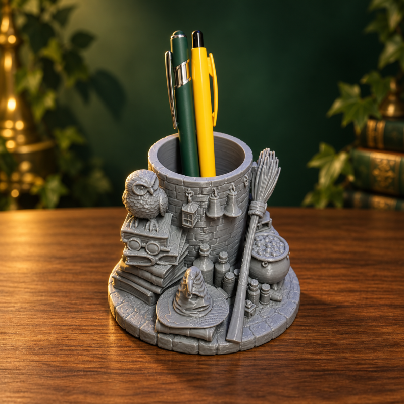 Wizard Pen Holder Desk Organiser Owl Books Broom Fantasy Office Decor Gifts Grey