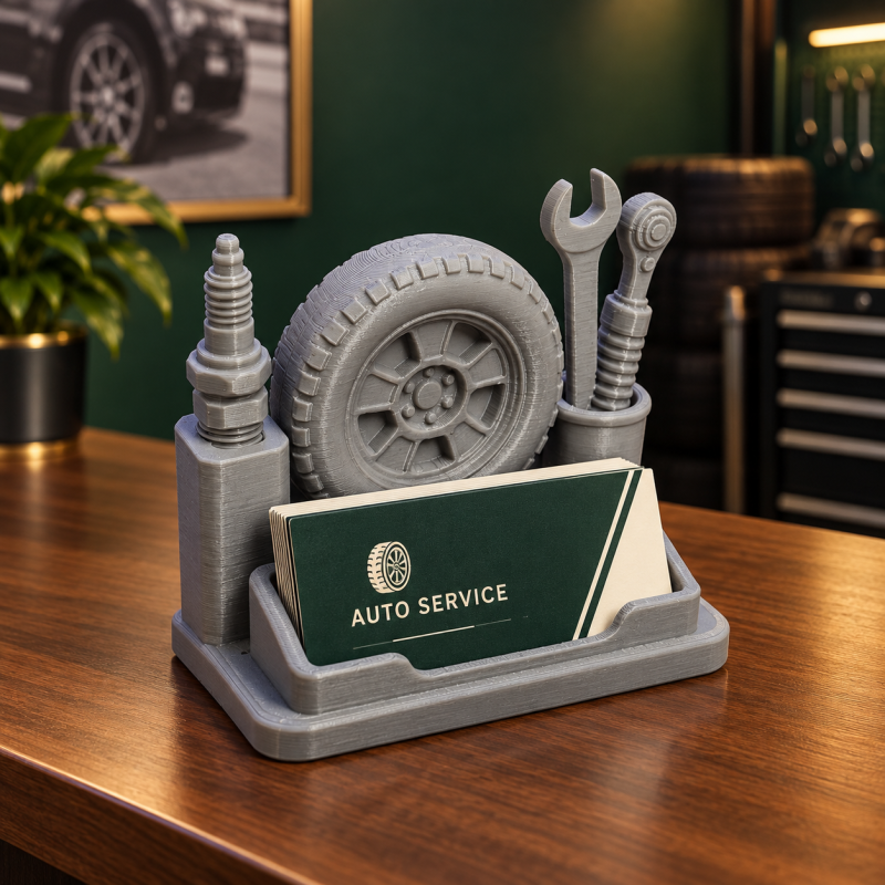Auto Garage Business Card Holder Tyre Wheel Mechanic Desk Organiser Gift Grey UK