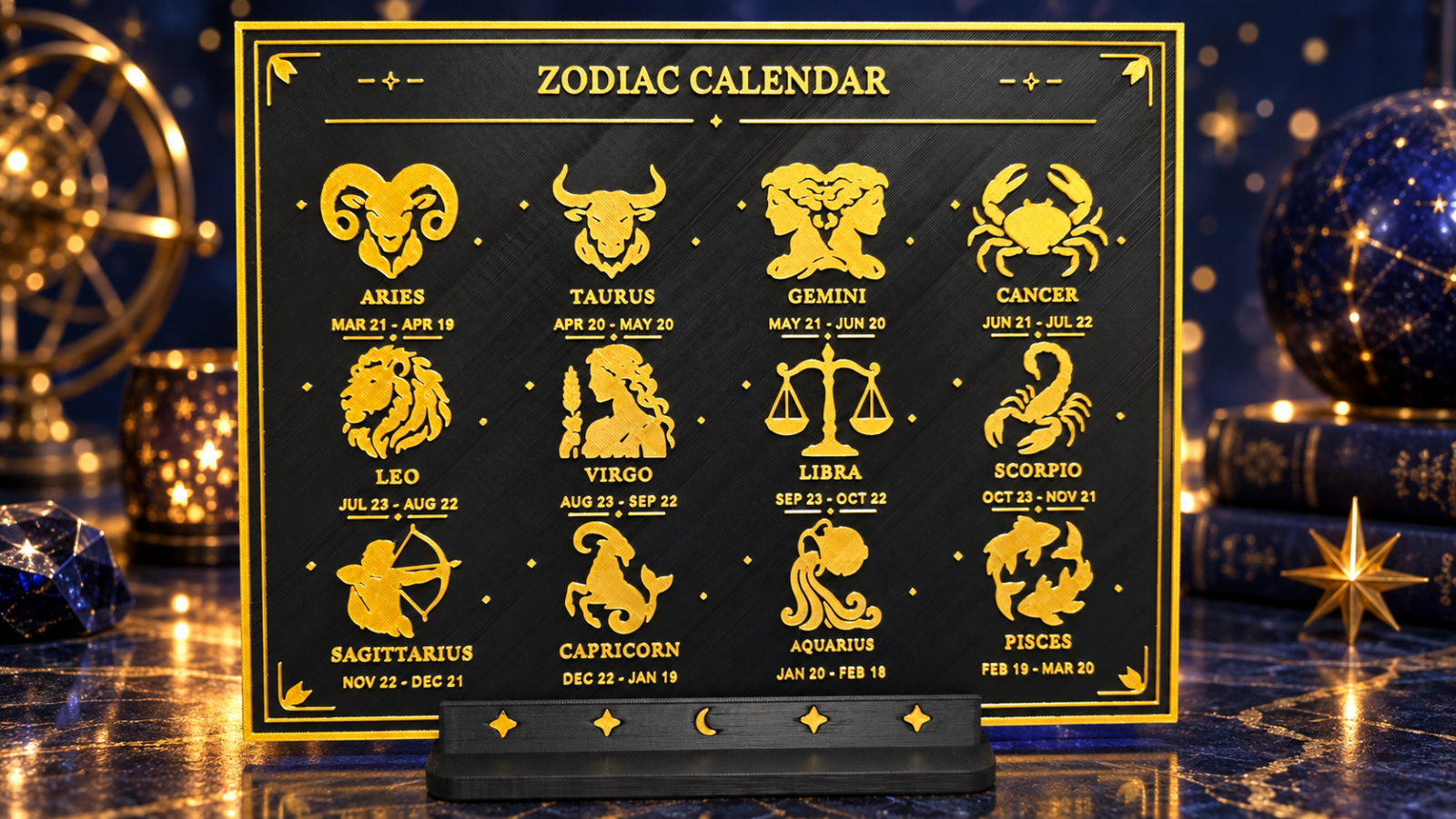Black Gold Zodiac Calendar with Stand 12 Star Signs Astrology Home Decor Gift UK - Image 4