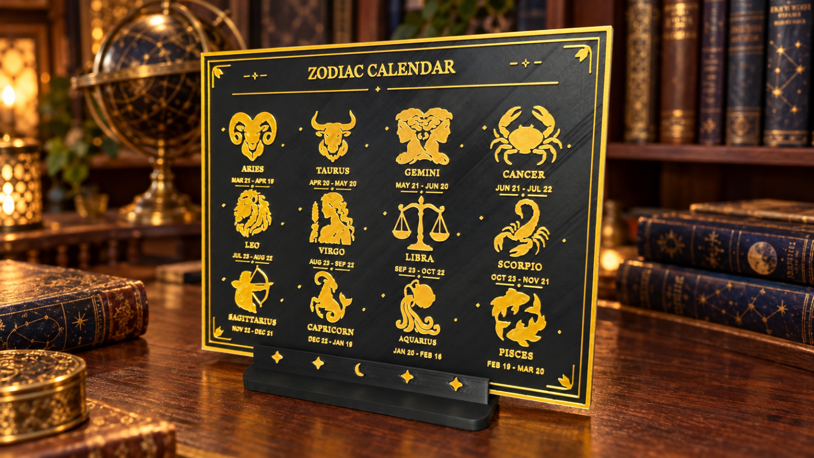 Black Gold Zodiac Calendar with Stand 12 Star Signs Astrology Home Decor Gift UK